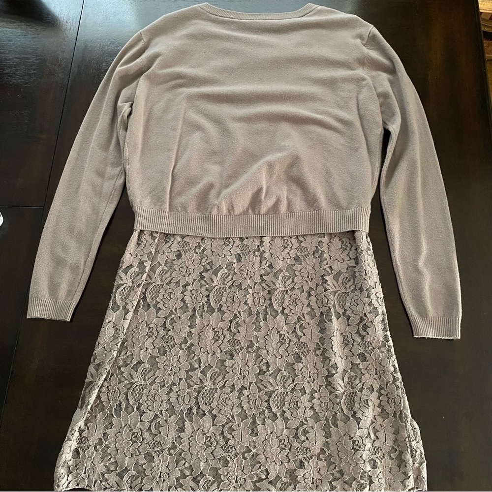 Elegant taupe long-sleeve dress tunic soft knit top lace skirt tag missing S/M - Picture 5 of 5